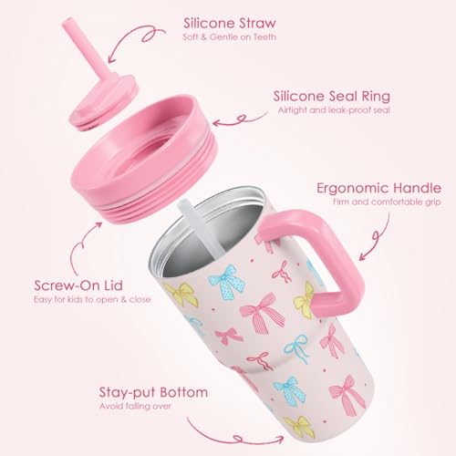 SANDJEST Bow Stainless Steel Tumbler 20oz with Handle and Silicone Straw Locking Lid for Kids Girls, Birthday Christmas Back to School - color: Bow 1