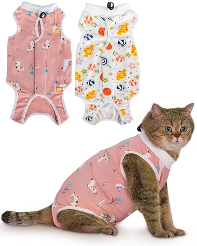 ANWA 2 Pack Cat Recovery Suit - Breathable Cat Onesie for Cats After Surgery Female, Kitten Surgery Recovery Suit Female Abdominal Wounds - color: Alpaca + Candy, size: Small