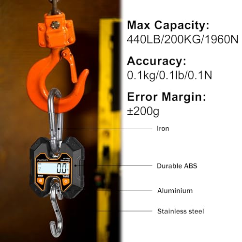 Fuzion Hanging Scale 440lb/200kg, Mini Crane Scale w/Stainless Steel Hook | No Setup Required, Hold/Tare Function, Large Display, Digital Hanging Scales for Weighing Animals, Hays, Fish, Travel Luggage - color: Black+Orange, size: 440LB