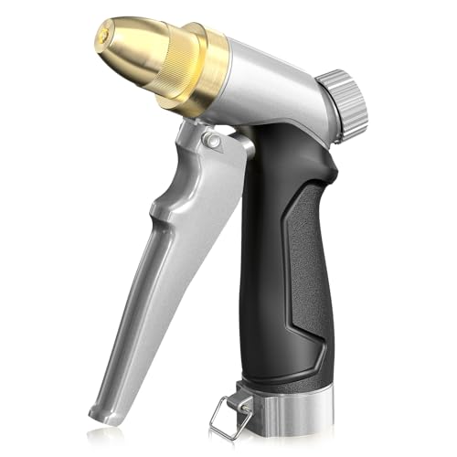 RAINPOINT Garden Hose Nozzle, 100% Heavy Duty Metal Hose Sprayer, High Pressure Water Hose Nozzle with Adjustable Spray Patterns and Flow Control for Watering Plants, Car Washing, Pet Washing, Silver - color: Bright Silver