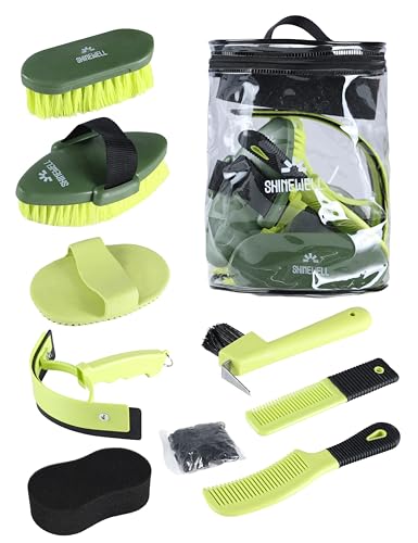 Shinewell Horse Grooming Kit, Complete Horse Brush Set, Equine Grooming Tools for Shedding & Daily Care Green - color: Green