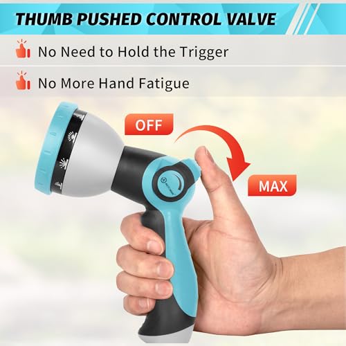 AUTOMAN Garden Hose Nozzle Sprayer - 10 Spray Patterns, High Pressure, Thumb Control On Off Valve, Metal Duty Water Nozzle, Extra 3 Washers, for Watering Garden, Cleaning, Washing Car, Showering Pets - color: Turquoise