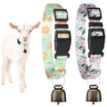 2 Pack Goat Collars with Bells, Floral Adjustable Nylon Collar Set | Adjustable Nylon Collar & Sheep Grazing Copper Bells for Small Farm Animal Sheep Calf Cow Accessories(13.7"-20.5") - color: Light Green Print+ Pink Rose