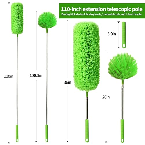 Cobweb Duster with Extension Pole, Washable Cleaning Duster Set with 2 Duster Heads, Corner Brush, 15-110-Inch Telescoping Pole for high Ceiling Fans, Long Duster for high Ceilings，Spider Web Brush