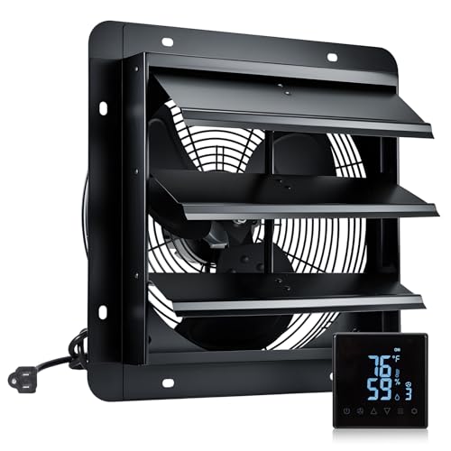 GROWNEER 14 Inch Shutter Exhaust Fan with Temperature Humidity Controller, 1700 CFM Remote Control Attic Fan, 10-Speed Adjustable Wall Mount Vent Fan for Green House, Garage, Shed, Attic - style: 14 Inch with Temperature Humidity Controller