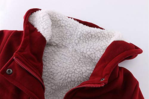 JiangWu Womens Fashion Horn Button Fleece Thicken Coat with Hood Winter Warm Jacket - color: Wine-red, size: X-Large