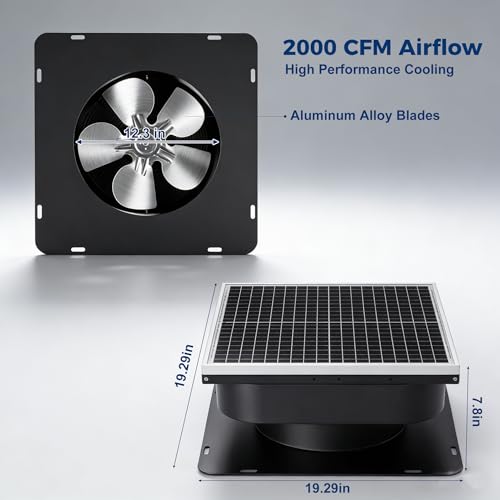 30W Solar Attic Vent Fan 2000CFM High Airflow Brushless DC Motor 60,000Hrs Lifespan with 12inch Blade Alloy Fan, Weatherproof Roof Vent for Home, Garage, Greenhouse, No Remote