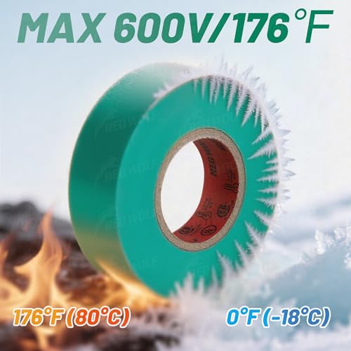 RED WOLF 10 Pack Green Electrical Tape 3/4 Inch x 66 Ft Industrial Grade UL/CSA Listed 7 Mil Thick Flame Retardant High Temp Waterproof Electrical PVC Tape Electric Super Vinyl Rated 600V - color: Green