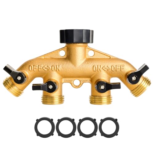 Brass 4 Way Faucet Splitter, 4 Port Manifold, 4-Way Garden Hose Splitter, 3/4" Heavy-Duty Spigot Adapter with Individual Shutoff Valves, Solid Brass Manifold, Leak-Resistant - style: 4 Way-1PC