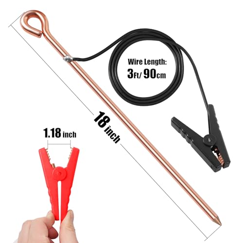 Electric Fence Lead Wire Connector with Grounding Rod, 18AWG 3Ft | Solid Copper Grounding Rod, Oval Easy-Drive Design, Compatible with Solar Fence Energizers & Chargers, Poultry Livestock Farm - style: 3FT(Wire+Grounding Rod)