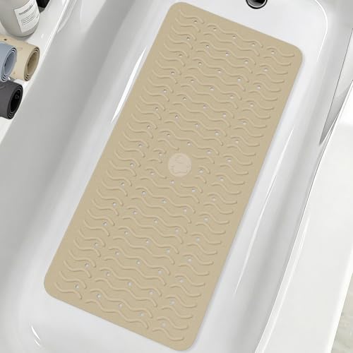 Non Slip Bathtub Mat & Shower Mat, 31x15'' Anti Slip Bath Mat for Tub, Soft TPE Anti-Skid Bathroom Mat with 194 Suction Cups & Drain Holes, Wave-Textured Grip, Machine Washable,Brown - color: Brown