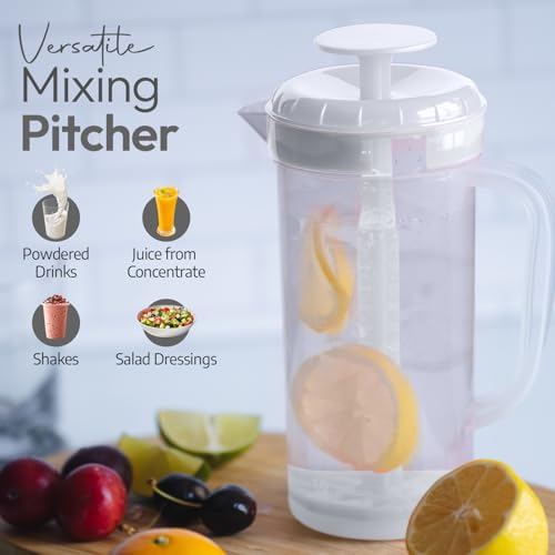 1 Quart Plastic Mixing Pitcher with Mixing Lid, BPA Free, Shatterproof Beverage Jug for Iced Tea, Lemonade, Juices, Milk – Leak-Proof, Easy Stirring, Dishwasher Safe | White - color: White, 1qt Mixing Pitcher
