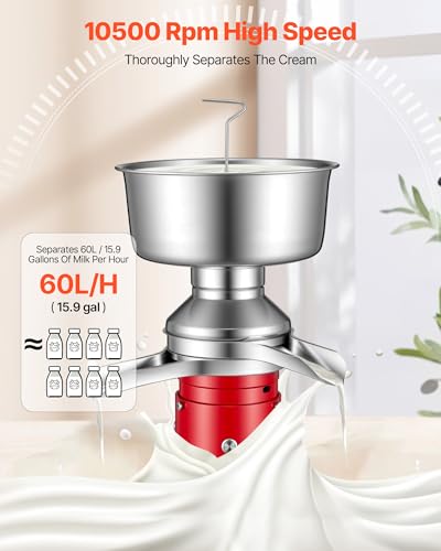 VEVOR Electric Milk Cream Separator, 60L/H Output 10500RPM Milk Cream Centrifugal Separator, 304 Stainless Steel Goat Cow Milk Skimmer Separating Machine with 4.5L Bowl Capacity (40W, 100-240V) - size: Round Base