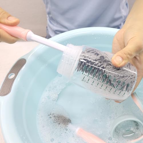 Silicone Cleaning Brush, 12" Long Handle Water Bottle Cleaner | Soft Silicone Bristles | For Water Bottles, Baby Bottles, Sports Bottles, Vases and Glassware - color: Pink