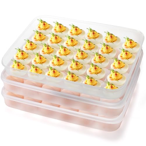3 Pack Deviled Egg Containers with Lid, 90 Slots Plastic Egg Holder | Clear Deviled Egg Platter Carrier Tray, Stackable Refrigerator Egg Dispenser Storage Box for Home, Kitchen, Picnic