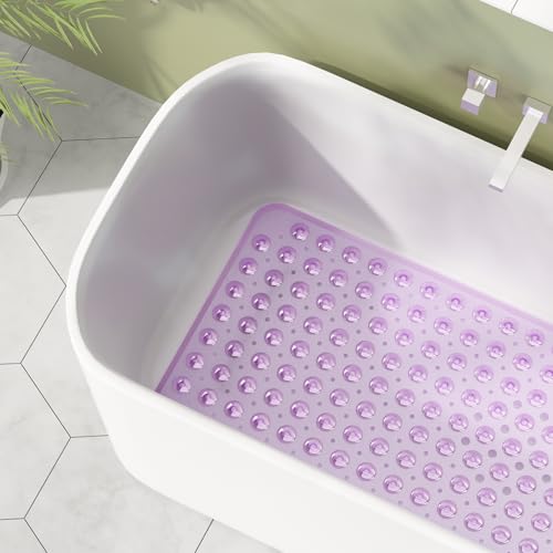 AmazerBath Shower Mat Non Slip 40 x 16 Inches, Shower Stall Mats with Suction Cups and Drain Holes, Non Slip Bath Mat for Tub for Elderly & Kids, Clear Purple - color: Clear Purple, size: 40" x 16" (Rectangular)