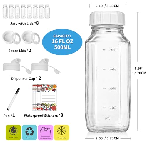 Syntic 8 Pack 16 Oz Glass Milk Bottles with Lids,2 Pour Spouts & Extra Lids | Reusable Glass Bottles with Measurement Marks for Juice,Breast Milk,Beverage Storage,Refrigerator Organization & Daily Use