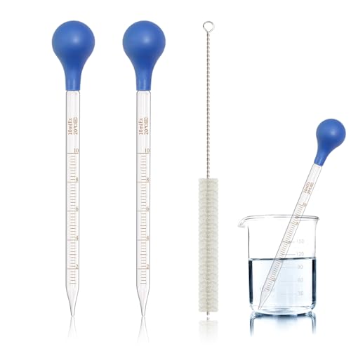 2pcs Glass Pipettes Dropper, Glass Liquid Dropper, 10ml Graduated Liquid Dropper with Cleaning Brush, Liquid Transfer Eye Droppers, Lab Glass Transfer Pipette, Large Essential Oil Droppers