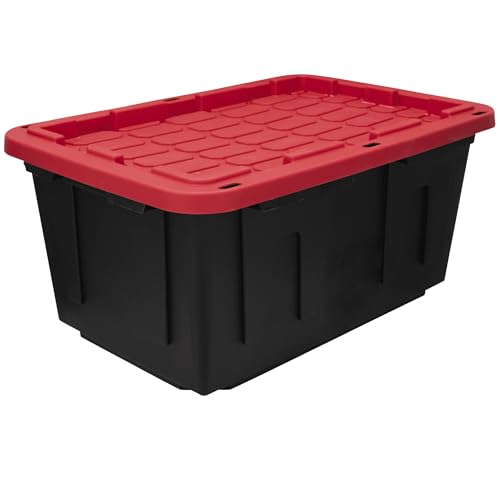 27 Gal Industrial Tote,Pack of 2 red Plastic storage bins with lids for Garage, Basement, or Outdoor,Heavy Duty storage Totes,Black with Red Lid,Stackable & Nestable,Black/Red