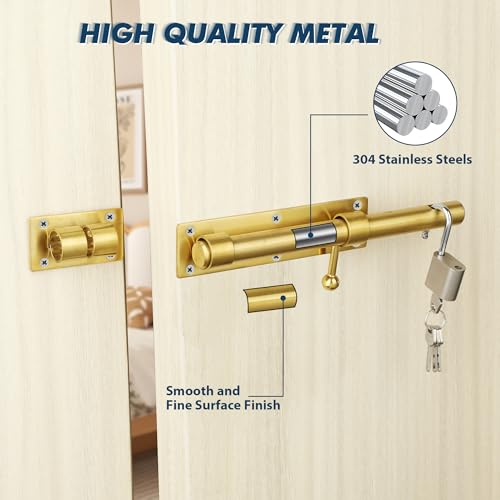 Alise 10 inch Barrel Bolt Latch,Heavy Duty Slide Lock for Barn Door | Gold SUS304 Stainless Steel Padlock-Style Slide Bolt Latch,Security Gate Latch for Wooden Fence,Interior or Outdoor Door - color: Gold, size: 10 Inch