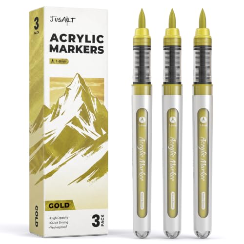 JusArt 3 Gold Acrylic Paint Markers Brush Tip, Automatic Ink Control | Water-Based Metallic Markers, School Classroom Use, Waterproof Acrylic Pens for DIY Art & Crafts -Fabric, Wood, Rock, Plastic - color: Gold