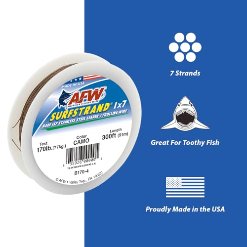American Fishing Wire Surfstrand Bare 1x7 Stainless Steel Leader Wire - Fishing Leader Line for Saltwater, 20lb Test - 325lb Test in Bright, Camo in 30ft, 300ft, 600ft and 1,000ft Lengths - color: Bright, size: 30 lb / 600 ft
