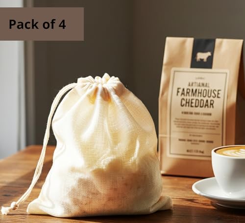 PurpleEssences Ultra-Dense Unbleached Cotton Nut Milk & Filter Bags Reusable Cheesecloth Drawstring Strainers for Cheese Making, Straining, Storage, Sprouting - Set of 4-4X6 Inch - Natural - size: 4 x 6 Inch