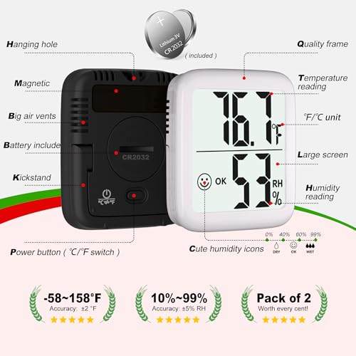 Antonki 2 Pack Room Thermometer Indoor Hygrometer | Monitor Temperature & Humidity, Accurate, Fast Read, Easy To View, Magnetic/Kickstand/Hanging, ℉/℃, w/ Battery, Compact - color: 2 Pcs* Black & White