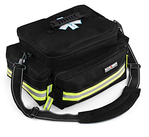 Scherber First Responder Fully-Stocked Professional Essentials EMT/EMS Trauma Kit | HSA/FSA Approved | Reflective Bag w/8 Zippered Pockets & Compartments & 200+ First Aid Supplies - Black - color: Black