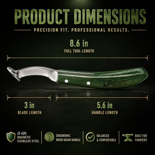 Right-Hand Straight Blade Hoof Knife with Rhino Hook, J2 420 Magnetic Stainless Steel, Ergonomic Green Handle, Farrier Horse Hoof Trimming Tool for Sole & Frog Paring