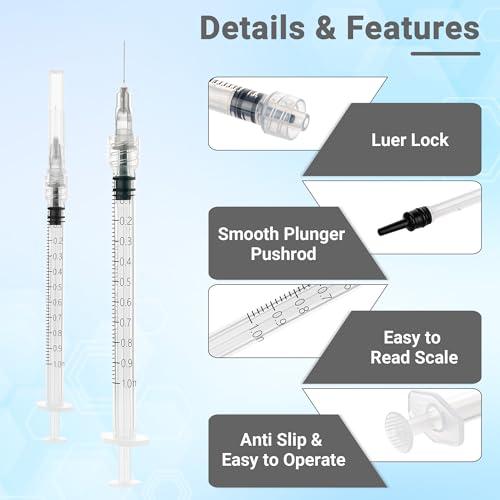 100 Pack 1mL 27Ga 1/2 Inch 13MM Lab Syringe Tools, Individually Packed - style: 1ml-27G 1/2"