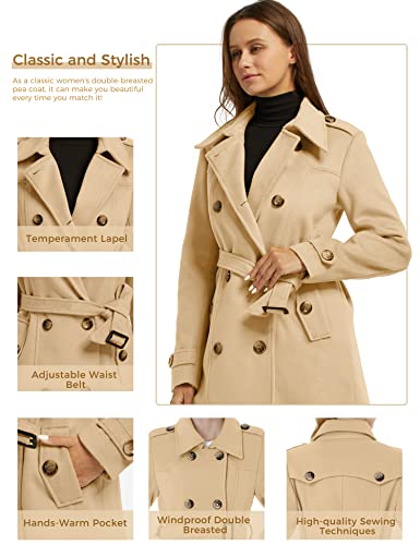wantdo Women's Double Breasted Pea Coat Winter Mid-Long Trench Coat | Lapel Collar Jacket,Outwear,Windproof Dress Coat,for Fall Spring,Casual Daily Wear,Adjustable Belt - color: Khaki, size: Medium
