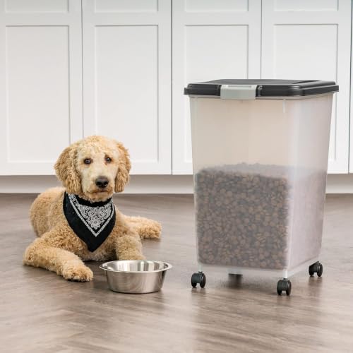 IRIS USA Dog Food Storage Container, Up to 54 lbs, Black, Made in USA | Wheels for Mobility, Airtight Seal, BPA-Free, Best for Bird Seed, Cat food, Cat Litter, Chicken Feed, Pellets, Flour, Rice - color: Black, size: 54 lbs