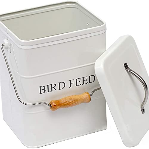 DEAYOU Pet Food Storage Tin with Lid, Metal Bird Seed and Feed Container with Serving Scoop, Treats Storage Canister Bin Can for Dogs, Cats Food, Coated Carbon Steel, Tight Fitting Lid, White, 5-6 Lbs