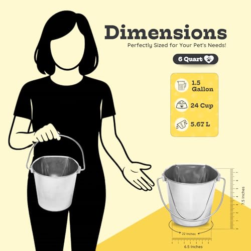 Flat Side Stainless Steel Bucket 6 Quart Hanging Feeding Utility Pail for XL Dog Goat Sheep Livestock, Fits Kennel Cage Crate Farm, Heavy Duty Food & Water Feeder, 1.5 Gallon Silver 2Pack - size: 6 Quart (Pack of 2)