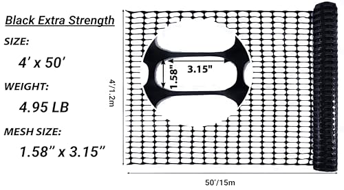 PotatoLife Black Plastic Garden Fence, Extra Strength, 4'x50' | Temporary HDPE Fence for Construction, Landscape, Snow, Animal & Pet Barrier, Easy to Install, Cut to Size, with 50 Zip Ties - color: Black, size: 4' x 50'