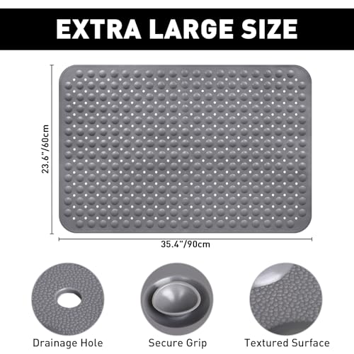 Shower Mat Non Slip: 35.4 x 23.6 Inch Extra Large TPE Shower Mats for Inside Shower - Anti Slip Shower Stall Matt with Drain Hole and Suction Cups for Elderly - color: Grey, size: 35.4" x 23.6" (Rectangular)