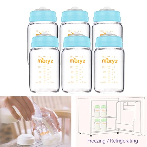 Matyz Glass Breastmilk Storage Bottles, 6 Pack, 6 oz, Compatible with Spectra Medela Breast Pump - Freezer Safe Storage Bottles Set - Wide Mouth Breastmilk Storage Containers - No BPA (Blue Lids) - color: [Pack of 6] Blue Lid - 6 Ounce Clear Borosilicate