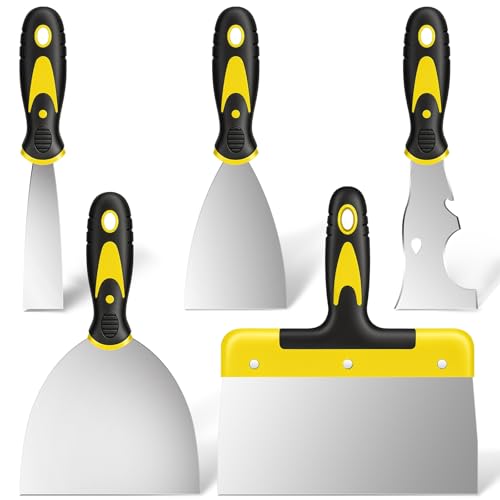 suokoun Spackle Knife Set, 5 PCS Stainless Steel Putty Knife Set Include 4 Paint Scrapers and 1 Multi Scraper Tool, Paint Scraper Tool for Drywall Decals (1.5" 3" 4" 6" 10")