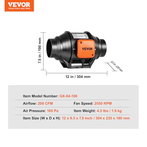 VEVOR Inline Duct Fan, 4-Inch 200 CFM with Variable Speed Controller, Quiet AC-Motor Ventilation Exhaust Fan for Cooling Booster, Grow Tents, Hydroponics - size: 4" Fan & Variable Speed Controller
