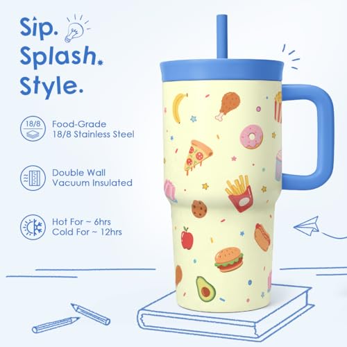 SANDJEST Food Stainless Steel Tumbler 20oz with Handle and Silicone Straw Locking Lid for Kids Boys Girls, Birthday Christmas Back to School - color: Fast Food