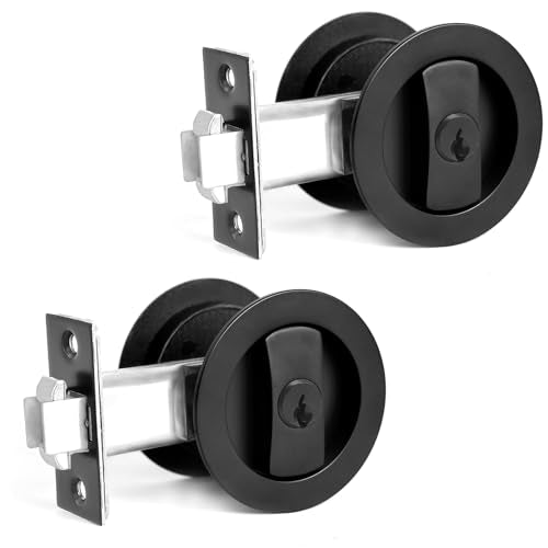 Dontay Pocket Door Keyed Lock, Round Contemporary Entrance Sliding Barn Door Lock Latch, Recessed 2 Sided, 2-3/8 inch Backset, Flush Handles Hardware(Matte Black,2) - color: Matte Black