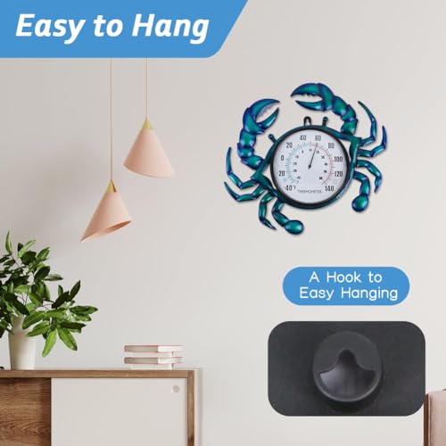 14" Crab Outdoor Thermometer, Decorative Wall Thermometers | Metal Indoor Thermometer No Need Battery, Easy to Read for Patio Garden Living Room Decor - color: Blue Crab