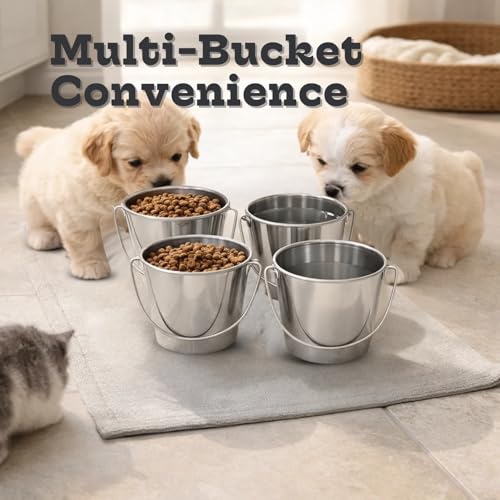 1 Qt Stainless Steel Hanging Water Bucket with Handle, 4-Pack | Food & Water Pail, 0.25 Gallon Capacity, Heavy-Duty, Round Design with Carry Handle, Ideal for Dogs, Cats, Birds & Small Pets - size: 1 Quart (Pack of 4)