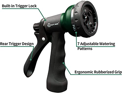 AUTOMAN Garden Hose Nozzle 2PK, ABS Water Spray Nozzle with 7 Adjustable Patterns, Slip Resistant for Watering Plants, Lawn, Garden, Washing Cars, Cleaning, Showering Pets & Outdoor Fun - color: Dark Green