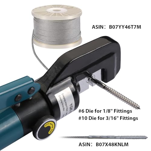 Hydraulic Crimping Tool for 1/8"-3/16" Cable Railing Kits, 10-Ton Crimper | 9 Hardened Dies, One-Hand Use, Hydraulic Crimper for Cable Railing Hardware, Wire & Battery Cable Crimping 12-2/0 AWG DC01 - color: Silver