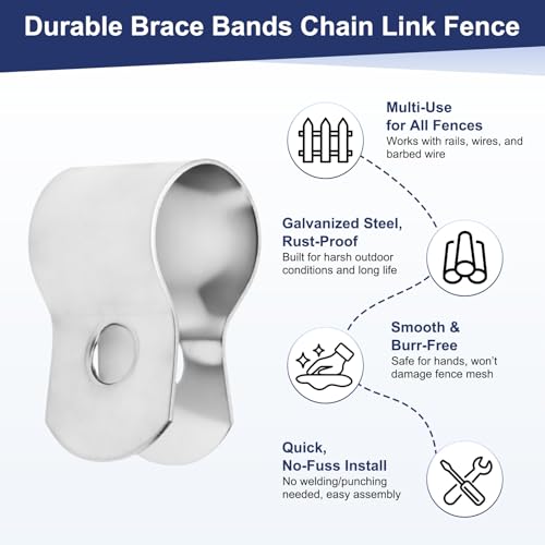 M METERXITY 12-Pack 3/8" Brace Bands Chain Link Fence Parts | Galvanized Steel Chain Link Brace Band with Bolts and Nuts for Fence, Gate, Posts, Rust-Resistant [Silver] - size: 3/8"