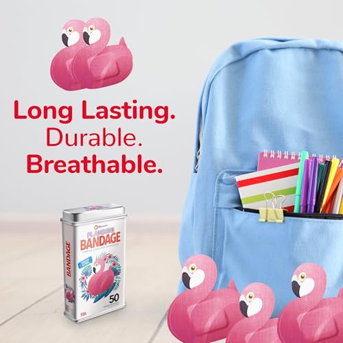 BioSwiss Bandages, Flamingo Shaped Self Adhesive Bandage Set, Latex Free, Sterile Wound Care, 50 Count - size: 50-Count Tin, style: Flamingo