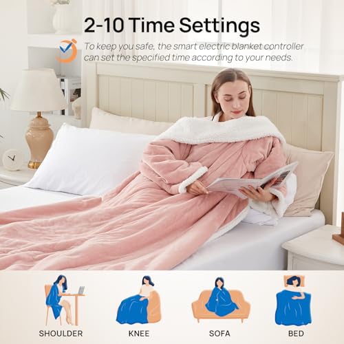 Westinghouse Wearable Heated Blanket with Foot Pocket Sherpa 50x70+18 Pink | Electric Snuggle Throw with Foot Pocket, Flannel Sherpa 6 Heating Levels & 2-10 Hours Auto Shut Off, Home Office Use - color: Pink&ivory, size: 70*50" Heated Snuggle Blanket (Lon