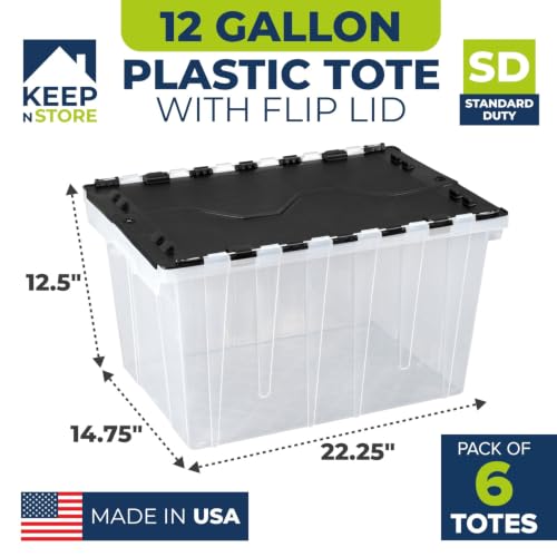 12 Gallon Clear Storage Tote with Flip Lid, Standard Duty, Pack of 6 | 22.25"×14.75"×12.5" Lightweight Stackable Plastic Storage Bin with Flip Lid and Wipe-Clean Label - Made In USA - style: Standard Duty